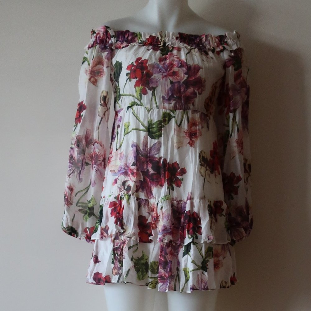 INTERMIX FLORAL RUFFLED OFF-THE-SHOULDER DRESS S*
